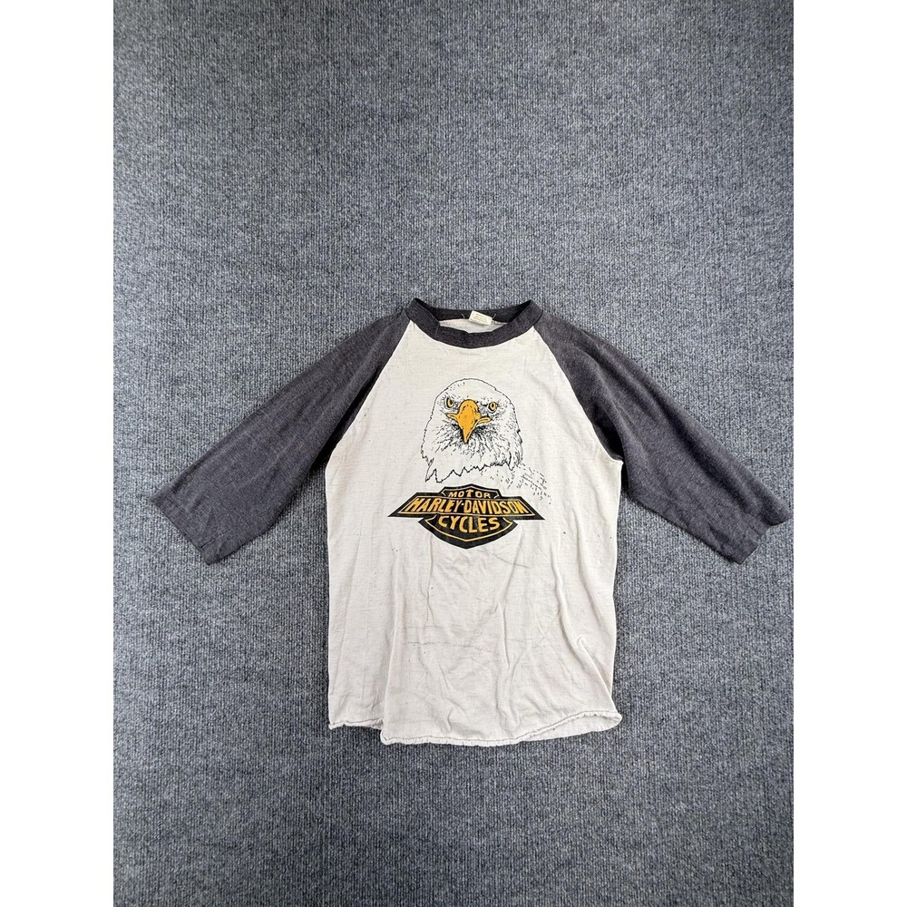 Vintage Roach Shirt Mens Small White Harley-Davidson Eagle Ringer Tee 3/4 Sleeve